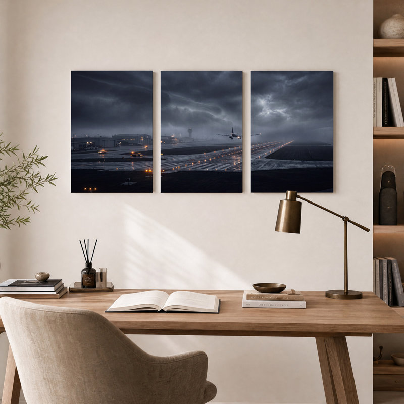 Ensemble de 3 toiles murales représentant un avion sur la piste avec des feux orange dans le noir, 18"H x 12"W x 3pcs