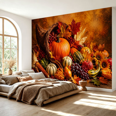 Wall Mural Peel and Stick Wallpaper Autumn Harvest Cornucopia Pumpkins Gourds Fall Leaves Self-Adhesive Removable Contact Paper Wall Decor for Living