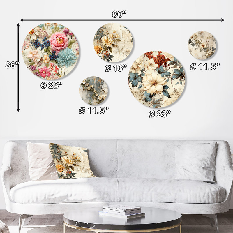«Vintage Patchwork Floral Flightiness» - ensemble d'art mural rond rétro de 5 pièces