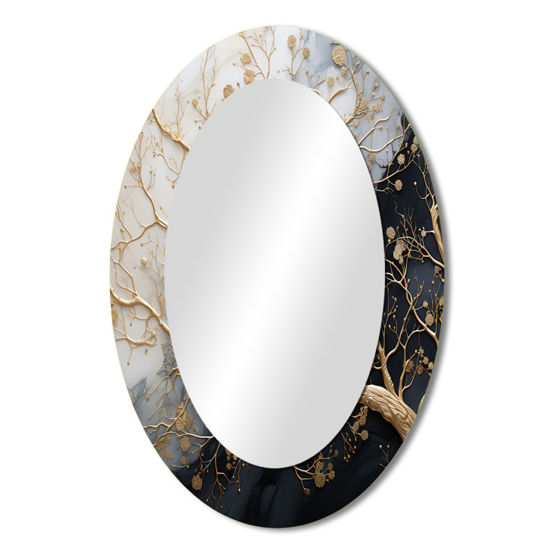 Golden Branch Tree Luminous Tangle III - Miroir décoratif floral ovale sur métal, 36 po x 24 po
