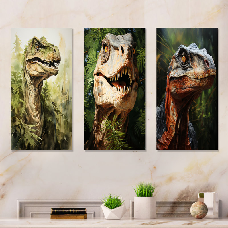 Velociraptor vert dans la jungle II - dinosaure, ensemble de 3 reproductions d'art mural en métal, H 28 po x l 36 po