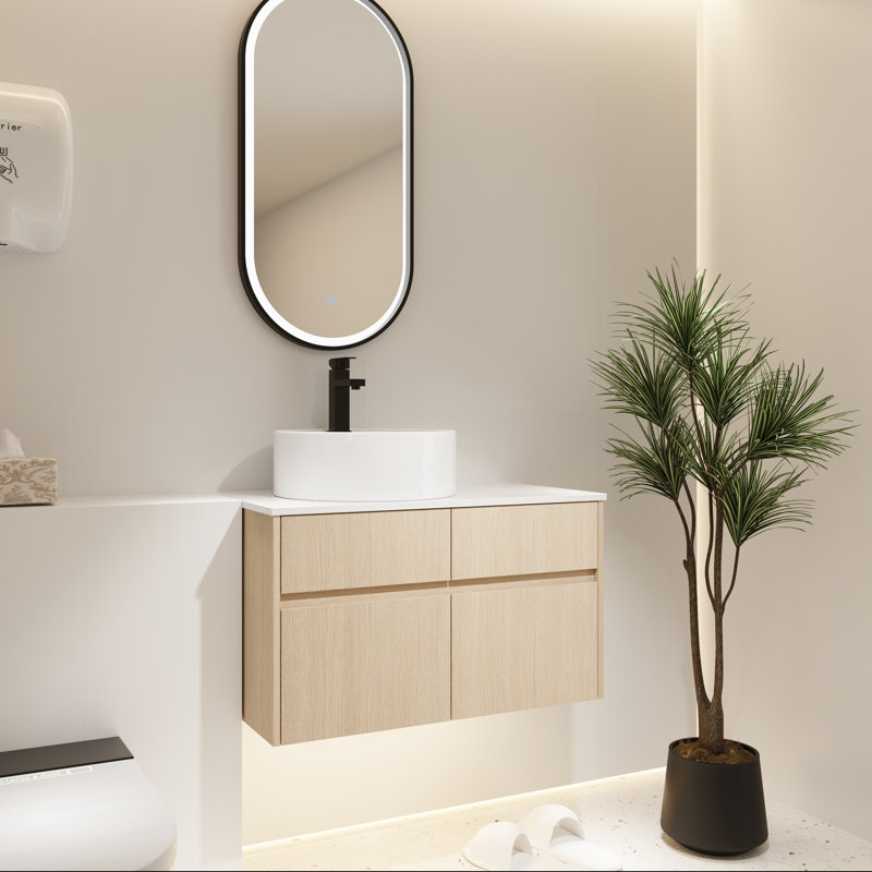 32" Modern Wall-Mounted Vanity with Soft-Close Drawer and Ceramic Sink, White Oak