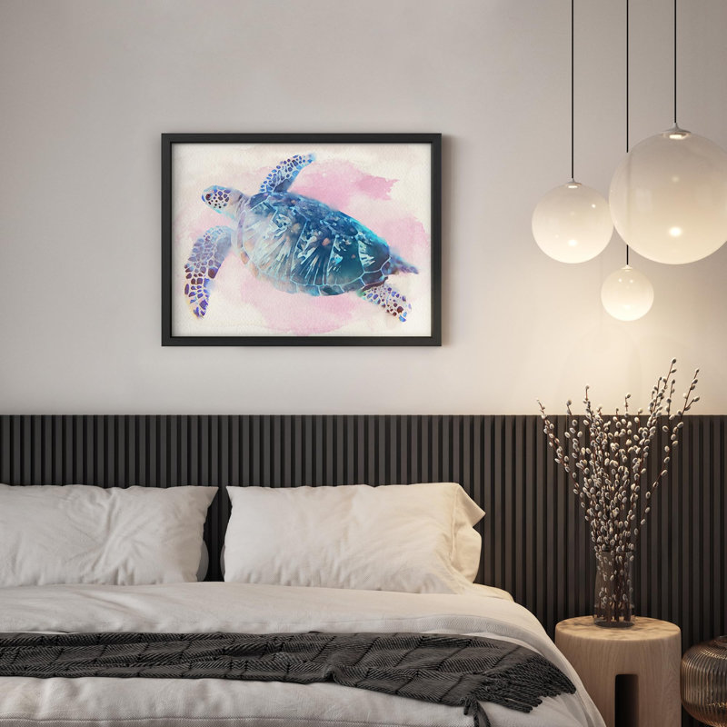 Tortue brune mauve avec coquille bleue qui nage dans des animaux de mer, petit décor moderne, œuvre d'art moderne, Noir
