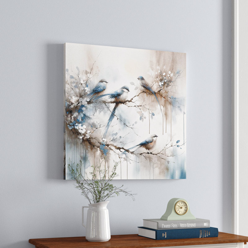 Blue Bird Branch Wall Art, Watercolor Canvas Print, Neutral Nature Farmhouse Decor, 30" H x 30" W