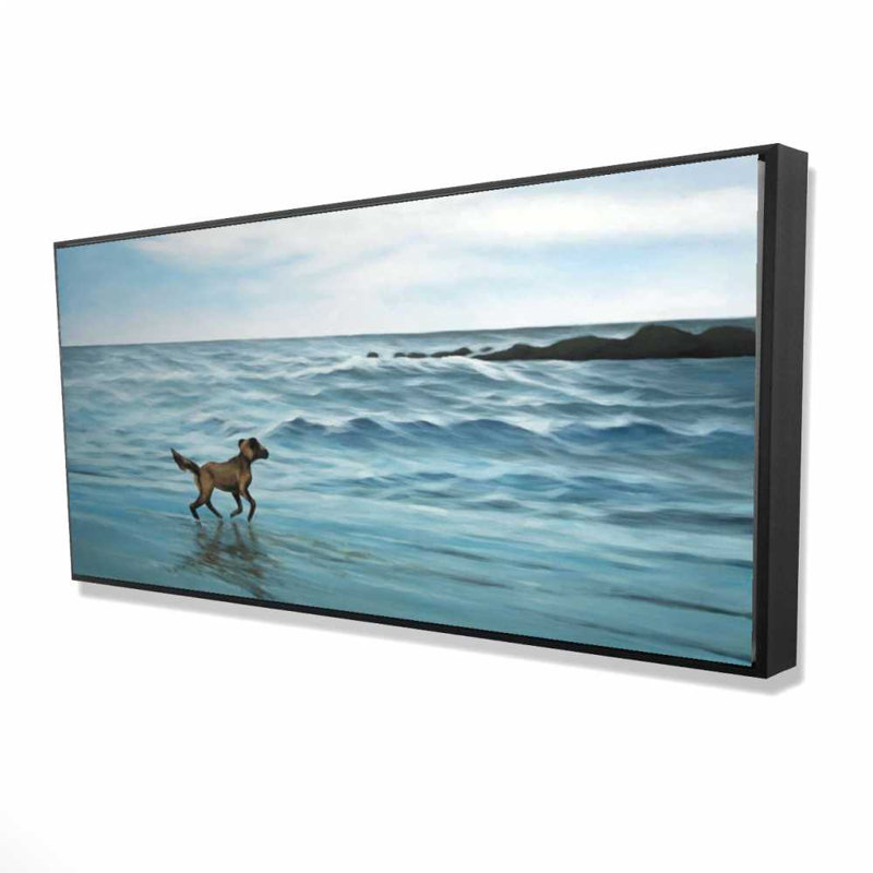 Chien sur la plage - Toile encadrée bleue pour la décoration intérieure, H 25,25 po x l 49,25 po