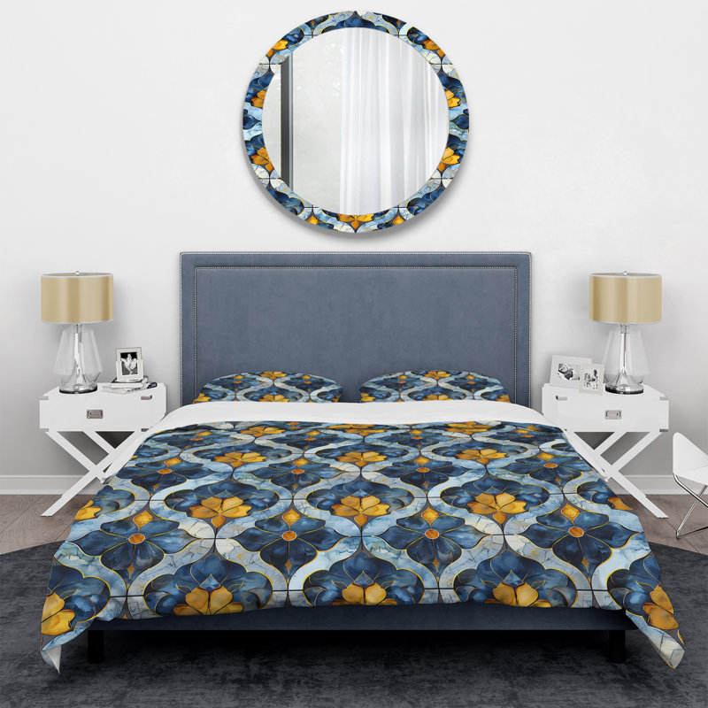 Ensemble de housse de couette moderne bleu et jaune à motif de quadrilobe II