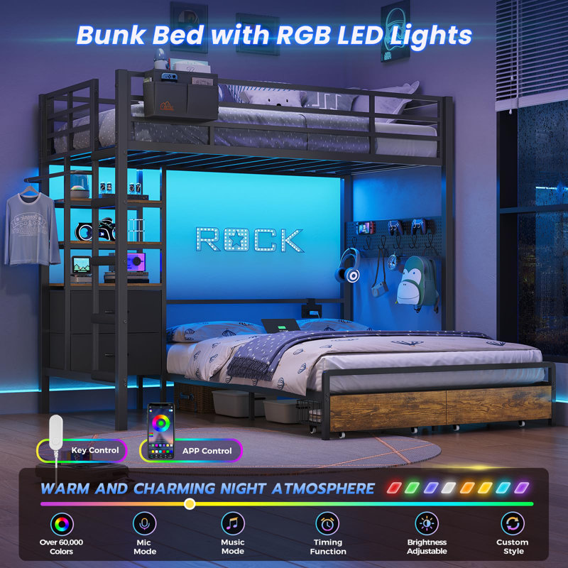 Bunk beds with a twin-size upper bunk and a full-size lower bunk, each equipped with 4 storage drawers and 3 open shelves; metal bunk beds with LED lights, charging stations, and wall hangings; L-shaped bunk beds with safety rails and ladders.