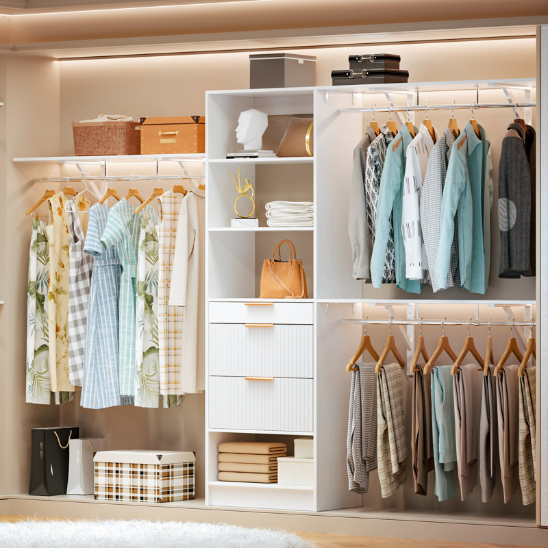 Système d'organisation 8 pi avec 3 tiroirs en bois et 3 tringles de suspension réglables - solution de rangement pour garde-robe avec tablettes