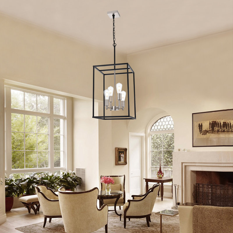 4-Light Dimmable Lantern Square/Rectangle Chandelier Black And Brushed Nickel Finished.