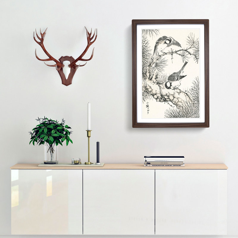 Japanese Willow Tit Birds by Numata Kashu - Framed Print, Walnut, 76cm H x 50cm W x 2cm D