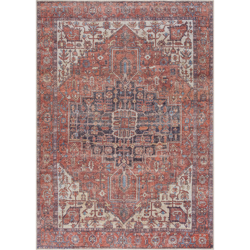 Washable Non-slip Traditional Area Rug - Red / Orange / Beige Rug for Entryway, Hallway, Bathroom, and Kitchen - Heffington