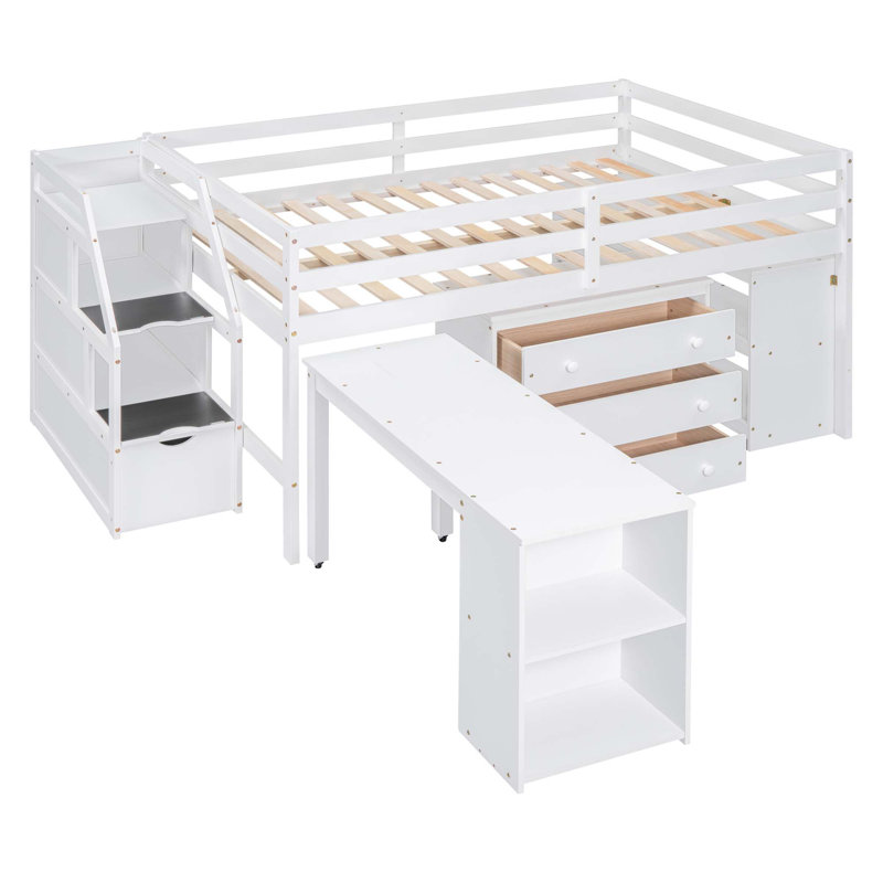 Lit mezzanine avec bureau d'écriture rétractable et 3 tiroirs, lit mezzanine avec escalier de rangement et tablettes, Blanc