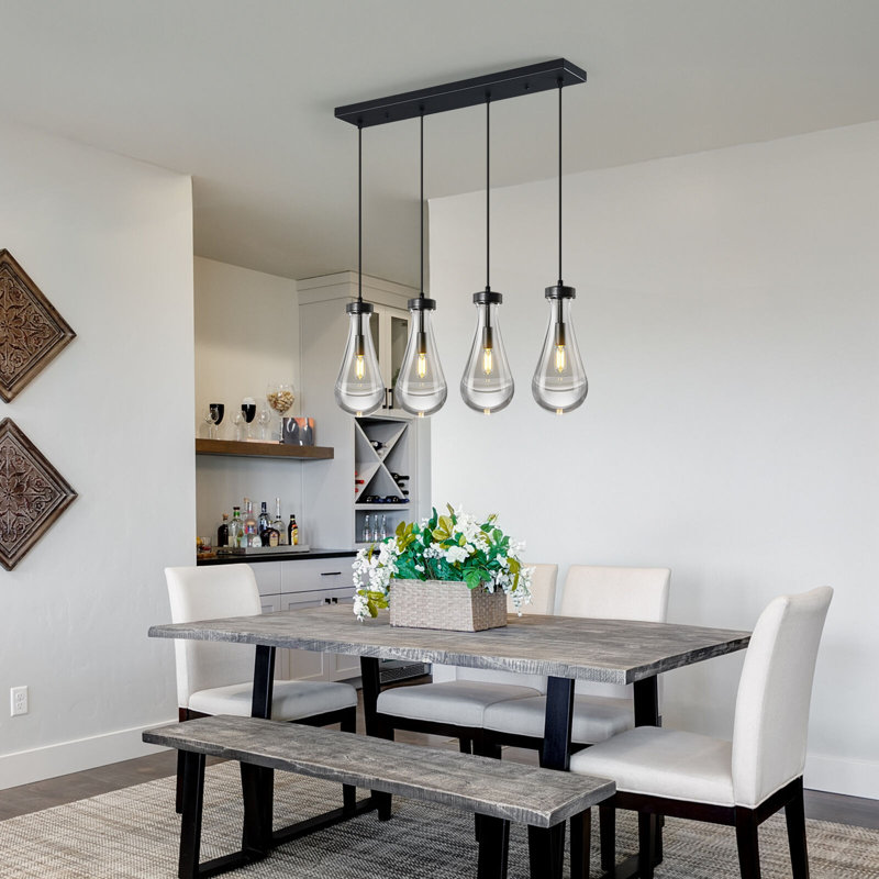 Raindrop Teardrop Pendant Light – Clear Solid Glass Hanging Fixture, Black, 4 Lights