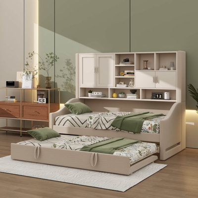 Twin-Sized Upholstered Daybed Featuring LED & Pull-Out Lift-Up Trundle Bed