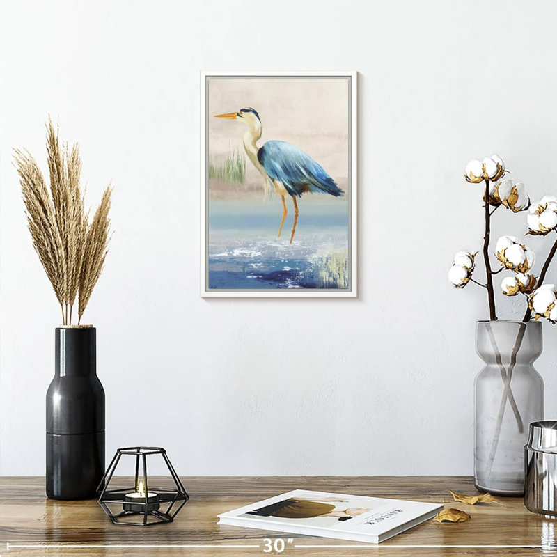 Héron sur la plage, 9" x 13", Floating Frame White