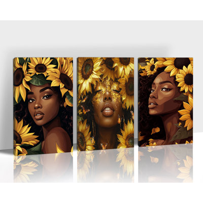  3 pièces d'impressions d'art de femmes noires afro-américaines, peinture rustique de tournesol de ferme, décor d'œuvres d'art sur toile de texture sereine, prêt à accrocher des photos de mur africain pour la cuisine de bureau, 16 po x 24 po x 3 pièces