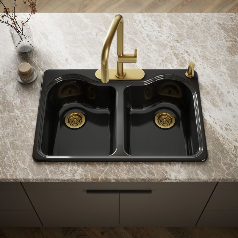 Hartland 33" L x 22" W x 9-5/8" Double Basin Drop-In Kitchen Sink, Sandbar, 3 Hole