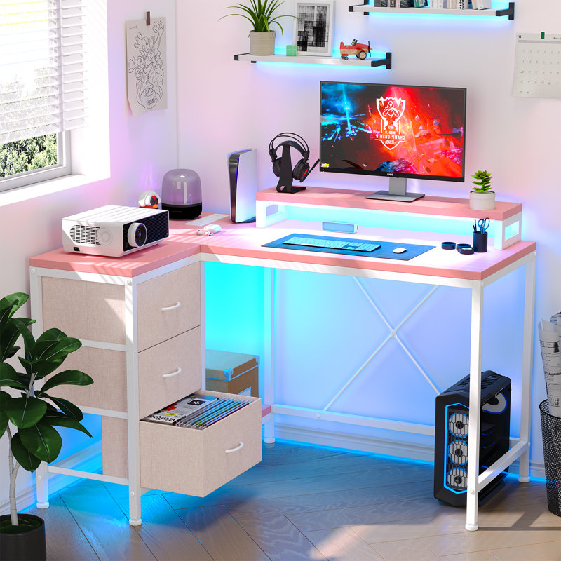 Bureau en L avec prises de courant, bureau d'ordinateur avec tiroirs, tablettes, pour les jeux, le travail en coin, le bureau personnel, le bureau