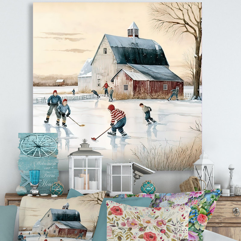 Enfants jouant au hockey en hiver I - décoration murale moderne en métal, H 16 po x l 16 po x P 1 po