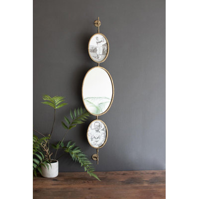 Wall Mirror and Photo Frames, Antique Gold Rotating Mirror 35.5"H, Metal Glass MDF Plastic Wall Decor