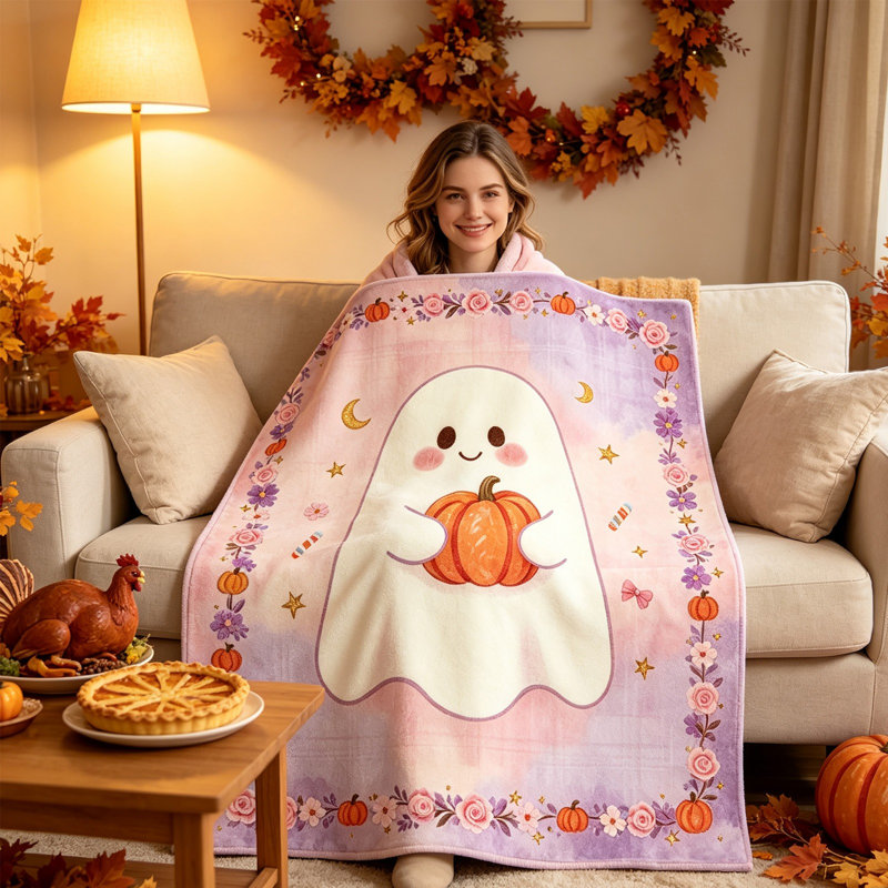 Décoration d'Halloween : Couverture en polyester mignonne avec citrouille fantôme et motif citrouille, idéale pour décorer un canapé ou un lit.