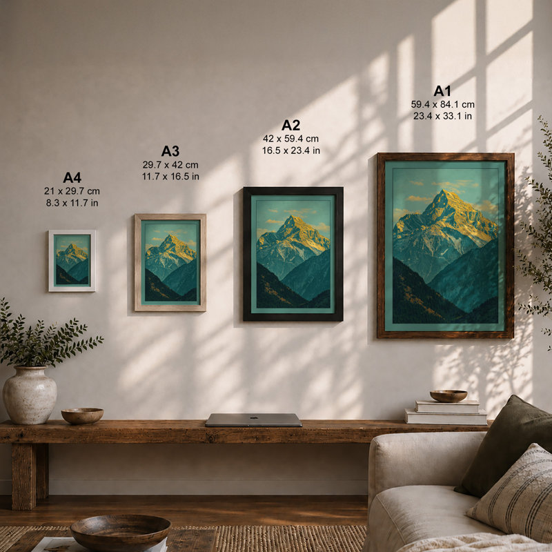 Mountain at Sunrise Scandinavian - Framed Print, A4 - 29.7 x 21.0 cm, Oak