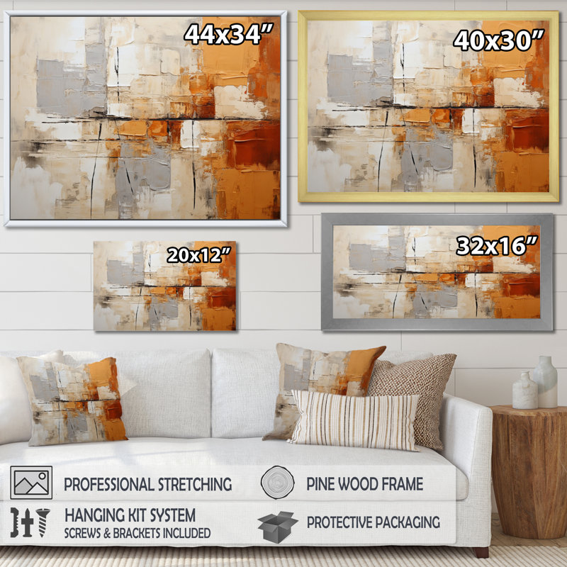 Gris, jaune, orange, impressions - Collages abstraits, art mural grand, H 24 po x l 32 po x P 1 po, Cadre flottant noir