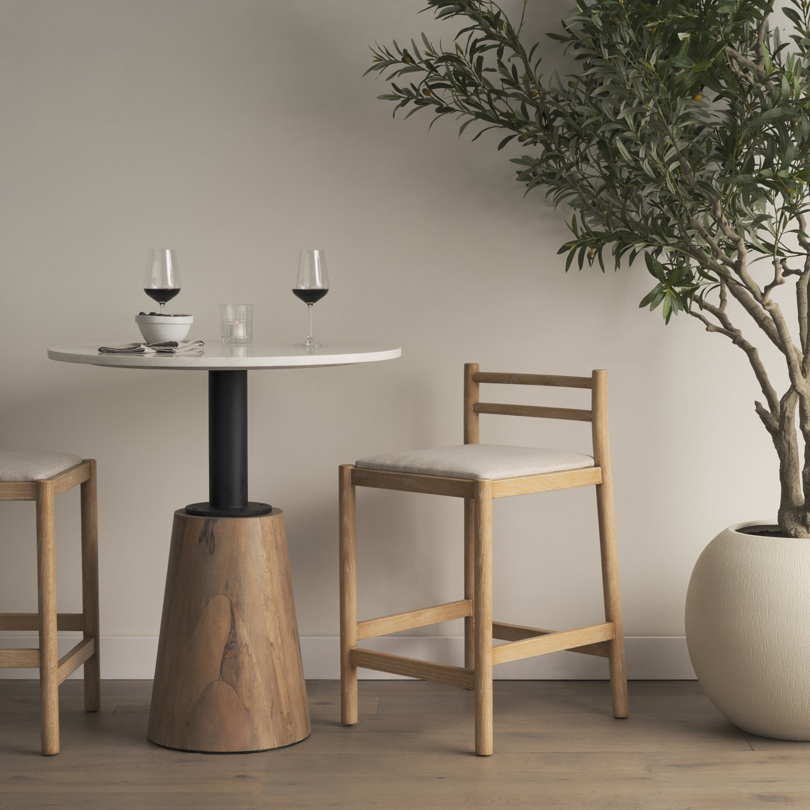 Clemie 26" Bar Stool, Beige Seat/Light Brown Frame