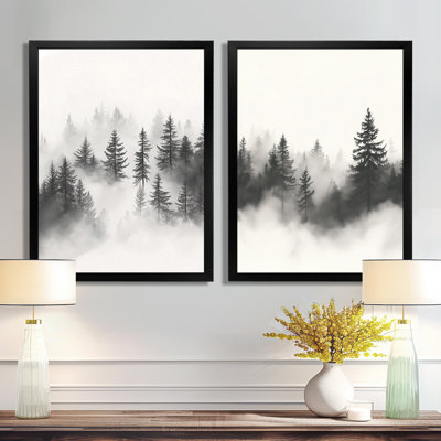 «Grey and White Foggy Pines - Black White Forest», art mural 2 pièces
