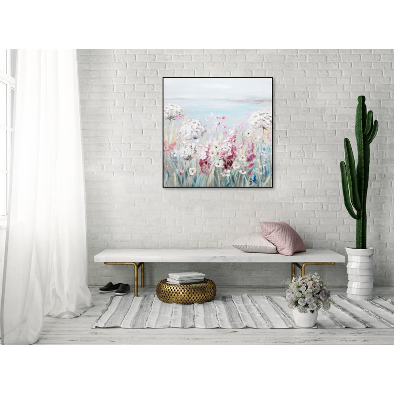 This hand -painted acrylic painting features a flowery outlook