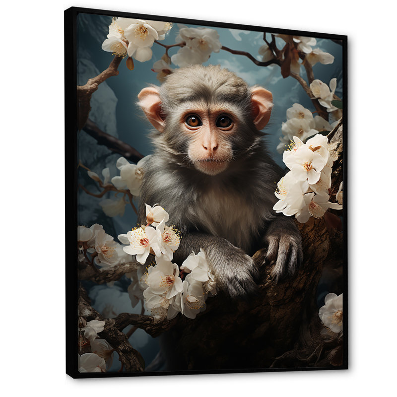 Palette de singe gris printemps floral - art mural singe, Cadre flottant noir, H 20 po x l 12 po x P 1 po