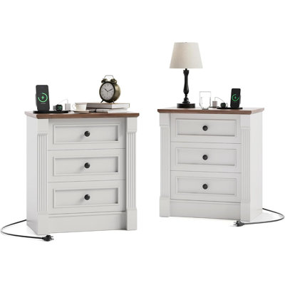 Farmhouse Rustic Nightstand with Charging & 3 Drawers – 23.6” Wood Bedside Table, Roman Column Design, End Table for Bedroom, Living Room, White