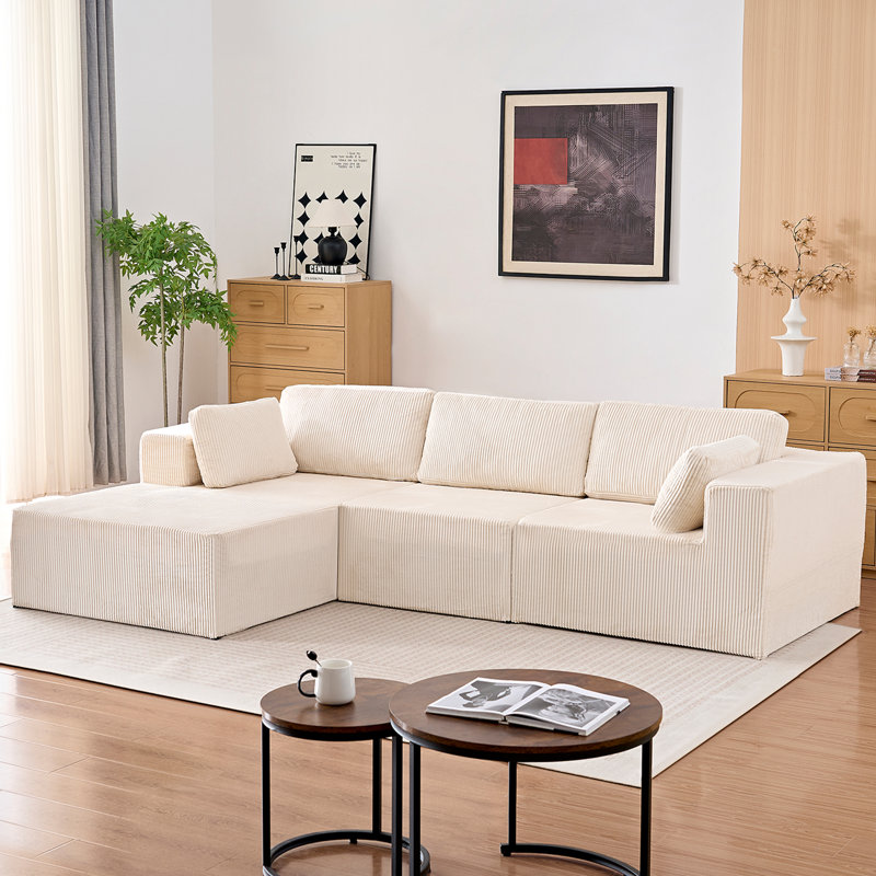 Canapé modulaire 108 po Corduroy, canapé convertible en forme de L profond avec housses amovibles, beige