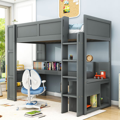Jazlena Wood Loft Bed with Desk and Drawer, Shelves