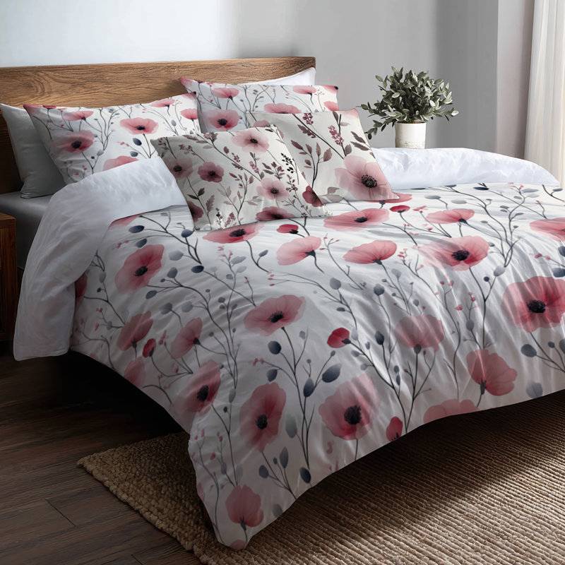 Ensemble de housse de couette et coussin décoratif Floral Bedding, Housse de couette pour lit simple + 4 pièces supp