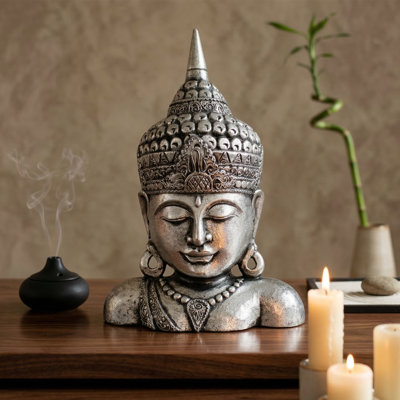 Buste de Bouddha argenté 19 po - Sculpture décorative finie à la main, décoration spirituelle zen