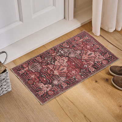 Tapis avec motif de panneau et aspect fait à la main - tapis de sol 100% polyester pour le salon, riche détails, résistant aux taches, rouge