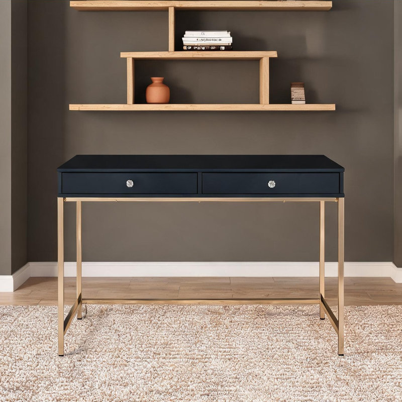 Bureau rectangulaire ultrabrillant avec tiroirs, noir profond et doré, table rectangulaire moderne
