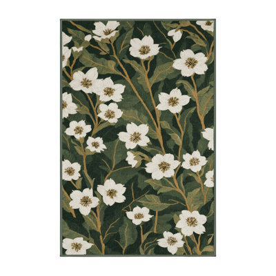 Machine Washable Botanical Green Area Rug