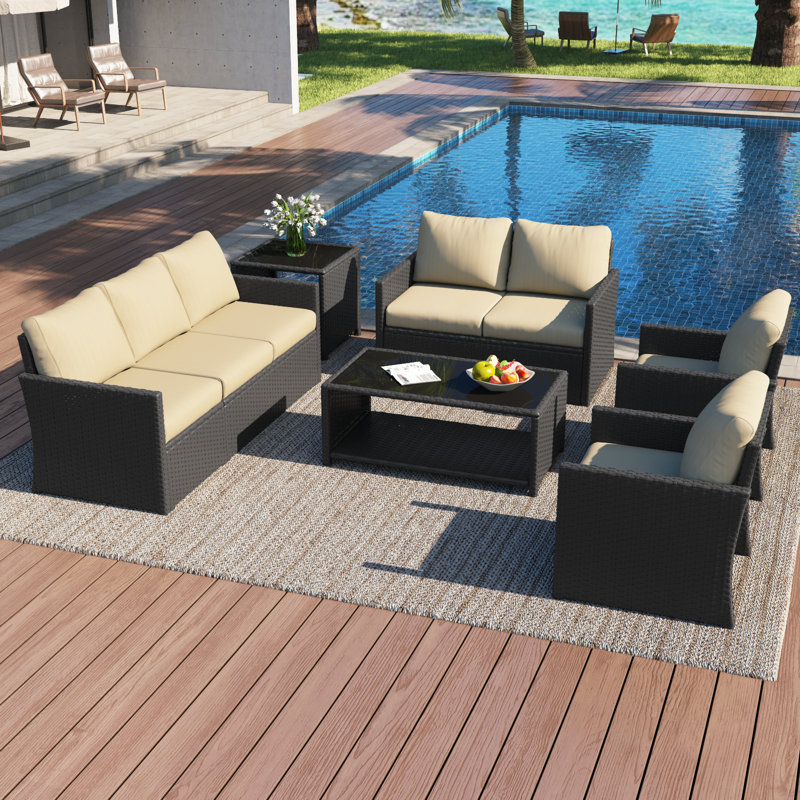 Ensemble de conversation en osier / rotin pour 7 personnes avec coussins Aun, Noir, Beige