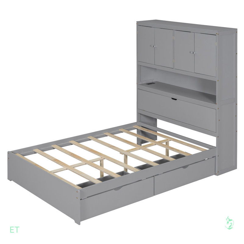 Lit plateforme double en bois avec USB, tête de lit et tiroirs de rangement, Gris