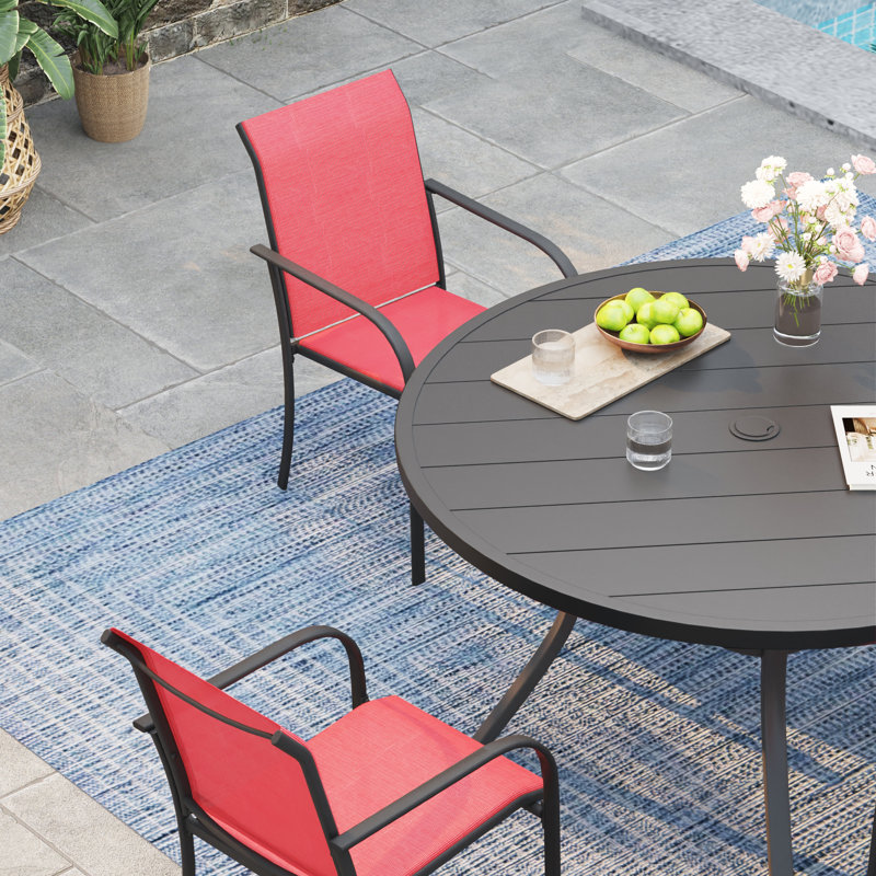 4-Person Square Patio Dining Set With Stackable PVC-coated polyester Chairs, Black/Red