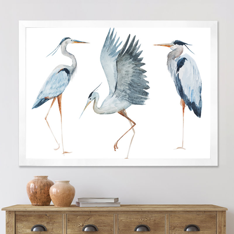 Heron oiseaux II - peinture sur toile encadrée, H 30 po x l 40 po x 1,5 po, Cadre blanc