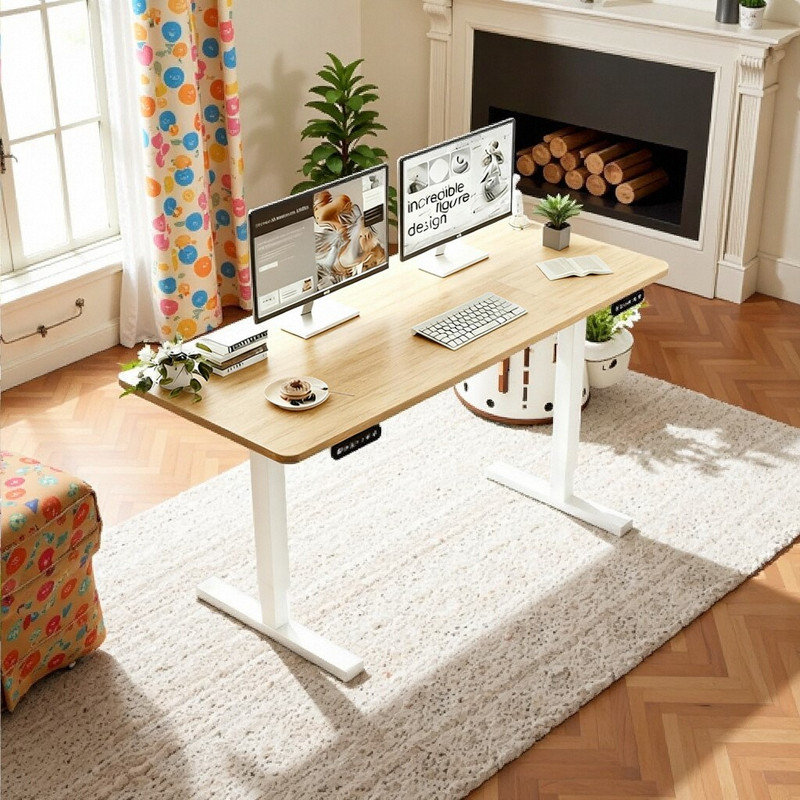 Libro 55 Inch Solid Steel Frame Electric Height Adjustable Standing Desk For Home Office And Gaming, Oak/White