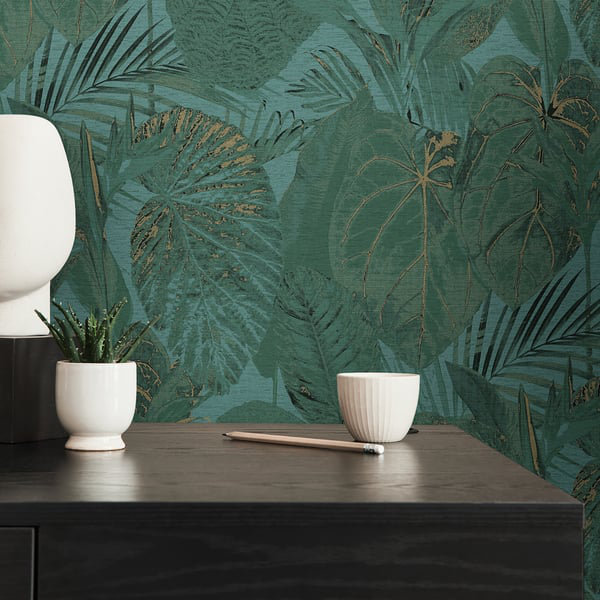 Flourish 10m x 53cm Glitter Wallpaper Roll, Dark Green