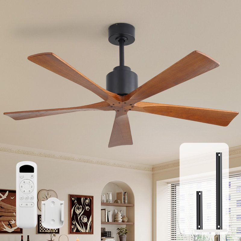 Whisper 52" 5-Blade Solid Wood Modern Ceiling Fan without Light, Indoor/Outdoor, Remote, Black&Brown, Flush/Downrod