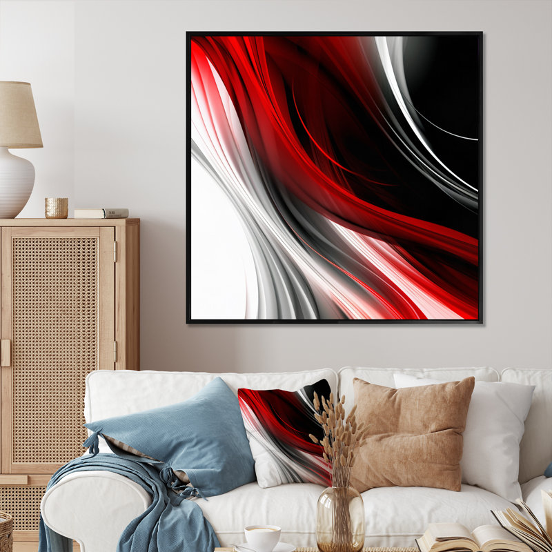 Rouge, rouge, infini ondulations I - art abstrait de vagues modernes, Toile encadrée noire à coins fermés