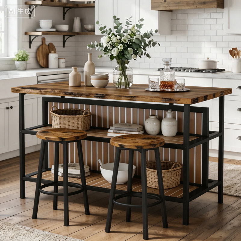 Grondin 47.24" Iron Kitchen Island Set, Rustic Brown