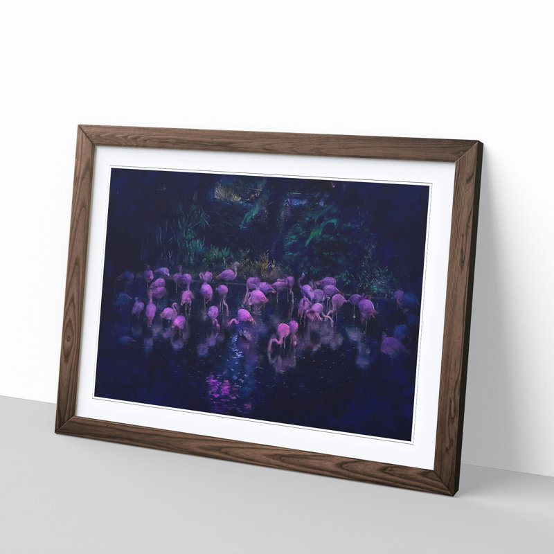 Neon Flamingos - Picture Frame Graphic Art Print, Walnut Framed, 45cm H x 63cm W x 2cm D