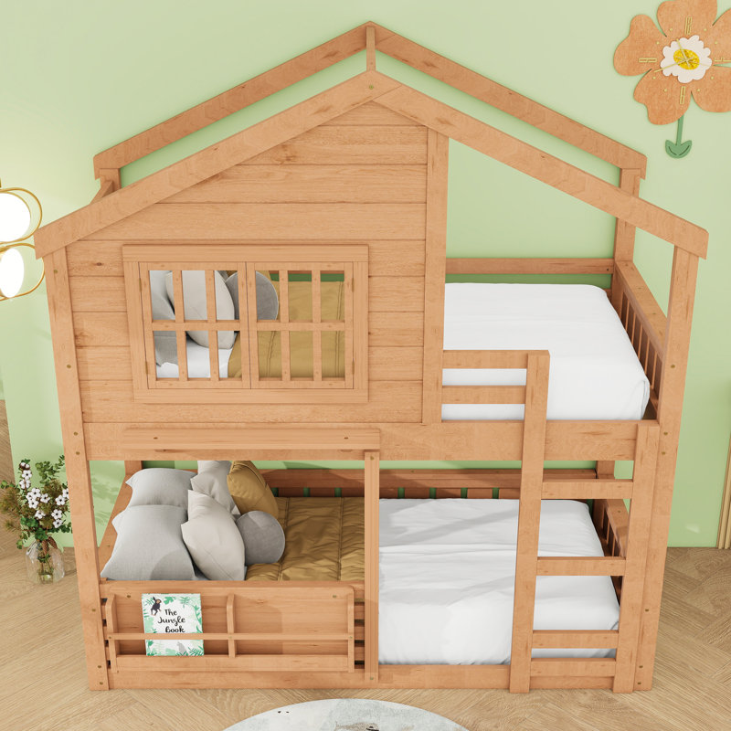 House-Style Bunk Bed with Bookshelf, Guardrails and Ladder, Twin Over Twin